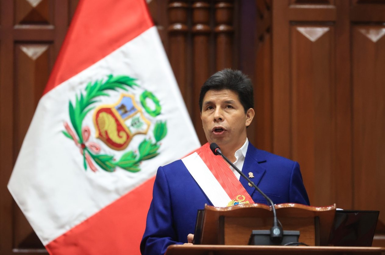 El presidente Pedro Castillo en su discurso ante el Congreso Nacional a un año de gobierno. (Imagen: Twitter de Pedro Castillo)